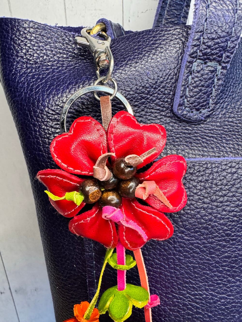 Red Leather Beaded Daisy Flower Purse Charm Genuine Leather Bag Charm NEW